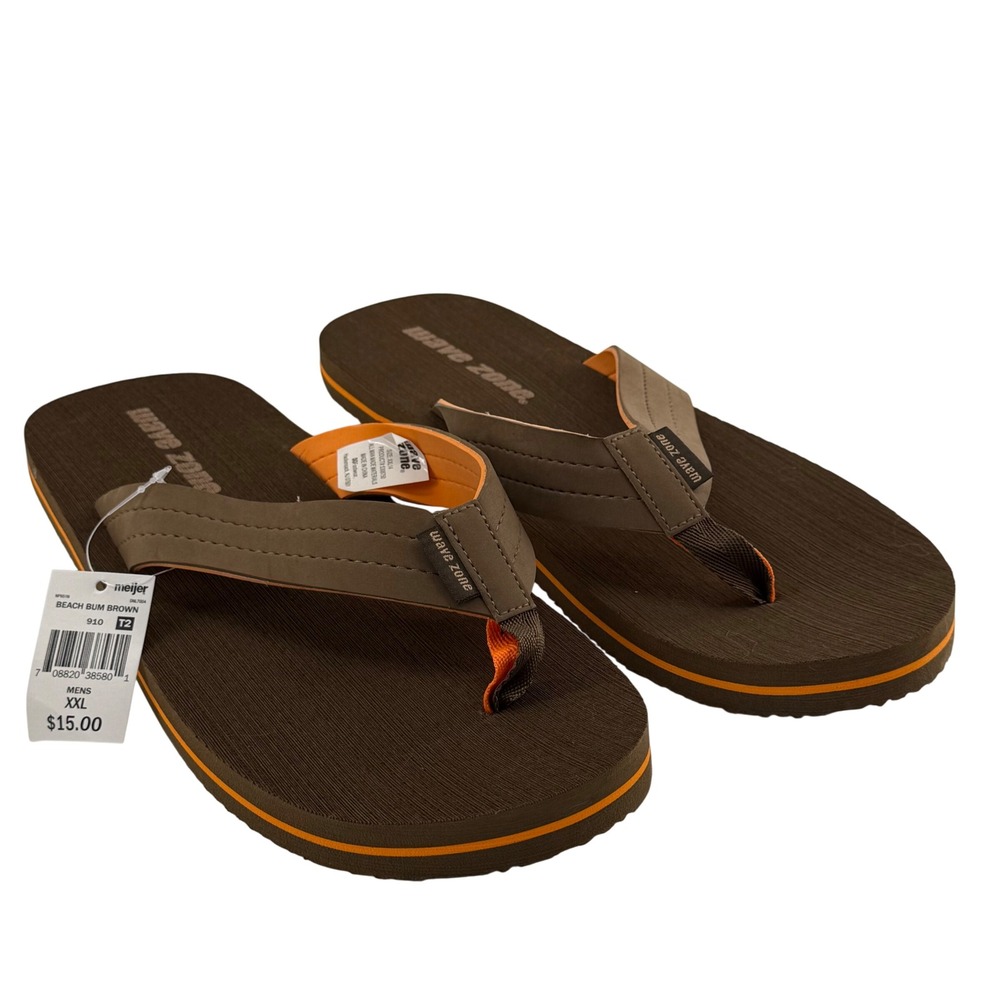 Wave Zone Mens XXL‎ 13/14 Flip Flops Brown Orange Beach Bum Thong Sandals NEW